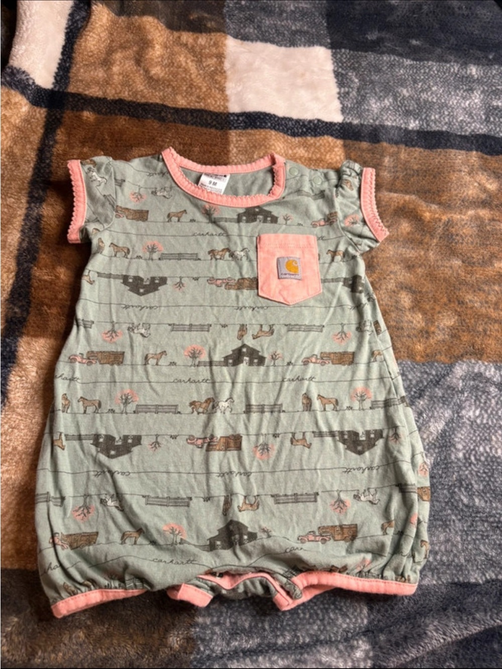 Carhartt Sage Green and Pink Short-Sleeve Romper Pajama - Ranch Print